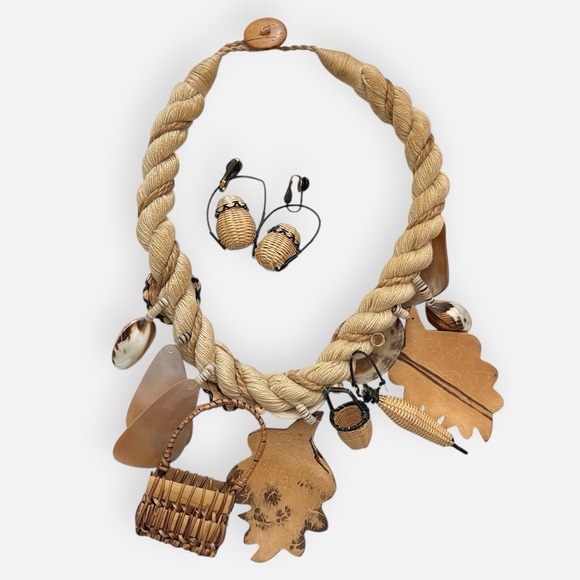 Vintage Gullah Folk Art Necklace Baskets Shells Beige Jute Rope Abalone 18.5" - Picture 5 of 10
